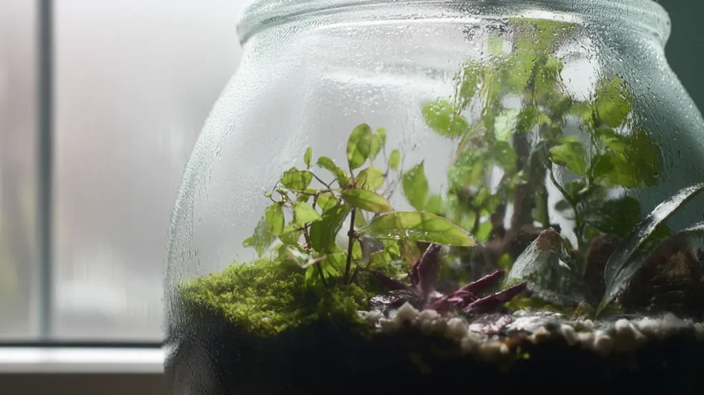 Terrário fechado com condensação de água no vidro, mostrando equilíbrio de umidade