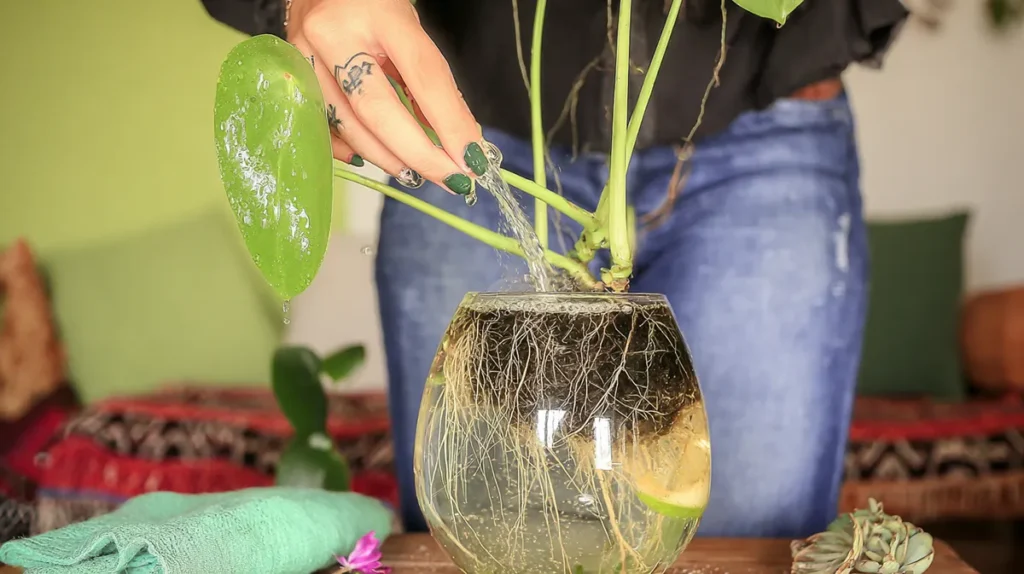 Troca de água no cultivo de plantas na água mostrando raízes e recipiente limpo