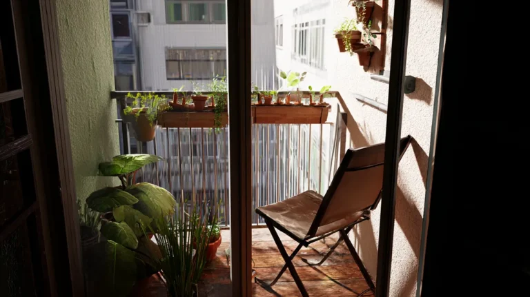 Varanda pequena decorada com plantas, cadeira dobrável e luz natural em apartamento urbano