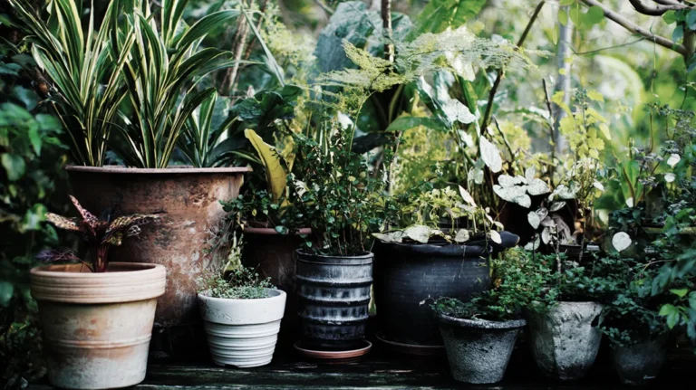 Jardim doméstico com plantas em vasos de diferentes tamanhos e materiais, mostrando escolhas corretas para cada tipo de planta