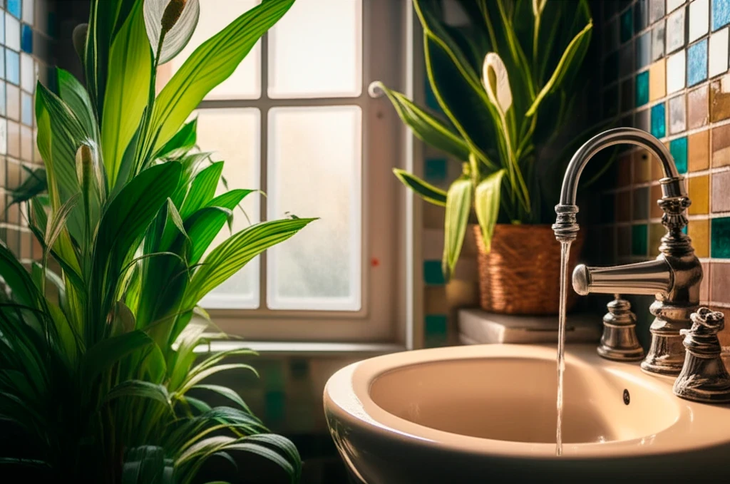 Banheiro brasileiro pequeno e aconchegante com elementos sustentáveis, plantas naturais, iluminação natural e materiais eco-friendly, ideal para banheiro sustentável