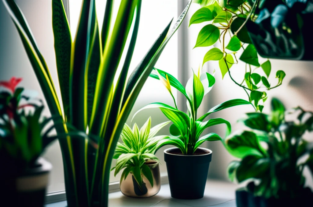 Cantinho de banheiro com plantas de interior como espada-de-sao-jorge, lírio da paz e jiboia crescendo em ambiente úmido com luz natural suave