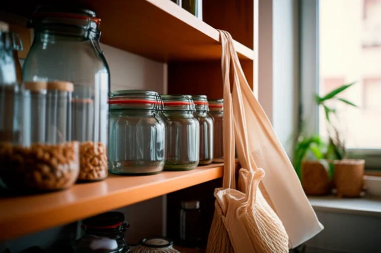 Cozinha doméstica brasileira com potes de vidro reutilizáveis, sacolas de tecido e ausência de plásticos descartáveis, ambiente iluminado naturalmente
