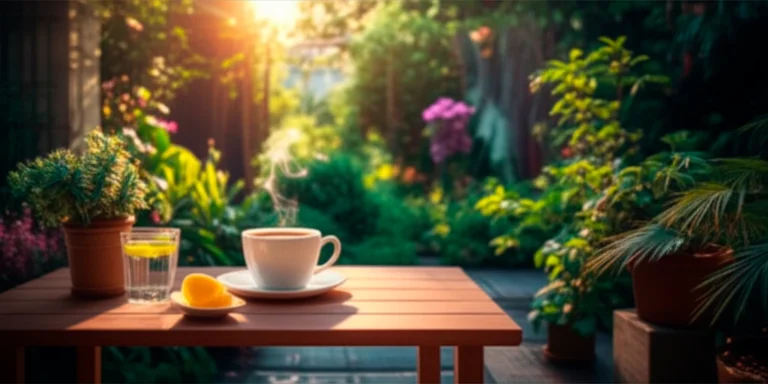 Manhã tranquila em jardim brasileiro com mesa de café da manhã iluminada pela luz natural e vegetação ao fundo
