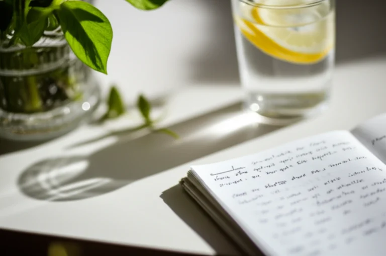 Pequenos gestos diários de autocuidado: copo de água com limão, diário aberto com anotações e planta verde ao lado em ambiente doméstico brasileiro