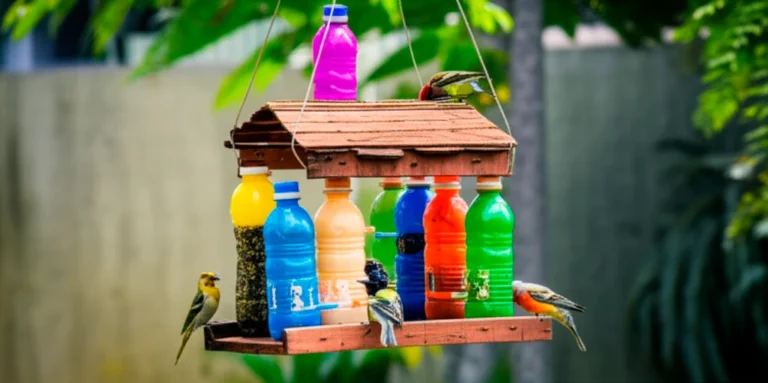 Comedouro de pássaros caseiro feito com madeira reciclada e garrafas plásticas pendurado em quintal residencial brasileiro, iluminado pela luz natural, aves alimentando-se